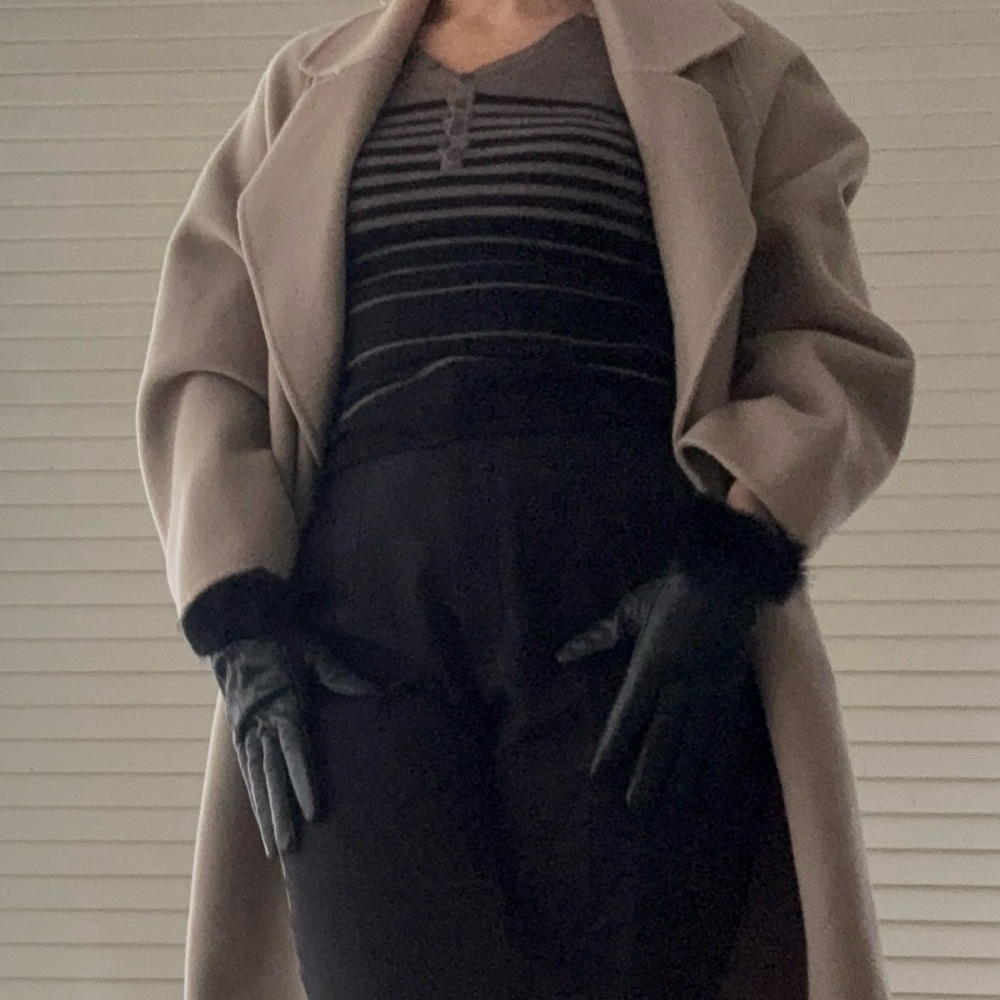 Susan Bristol Extra Fine Merino Wool Sweater Black Taupe Stripes